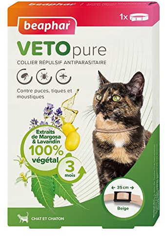 BEAPHAR – VETOPURE – Collier Répulsif Antiparasitaire pour Chat et Chaton – aux extraits de Margosa & de Lavandin – Contre Les Puces, Tiques et Moustiques – Protection 3 Mois – Collier Beige de 35cm