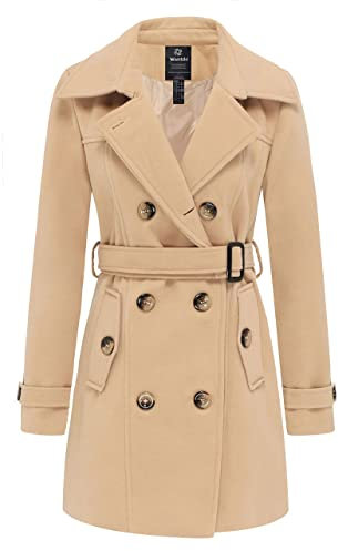 Wantdo Damen Winterdicke Jacken Warme Winddicht Jacke Wollmischung Erbsenmäntel Zweireihige Mittellange Mäntel Slim Fit Cabanjacke mit Schulterklappen Khaki 38