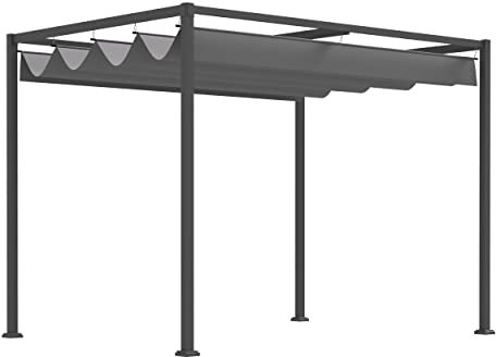 Outsunny Pérgola 3x2 m Cenador de Jardín Pabellón de Diseño Elegante con Techo Retráctil de Poliéster con Recubrimiento Resistente Anti-UV Impermeable para Celebraciones Fiestas Bodas Gris