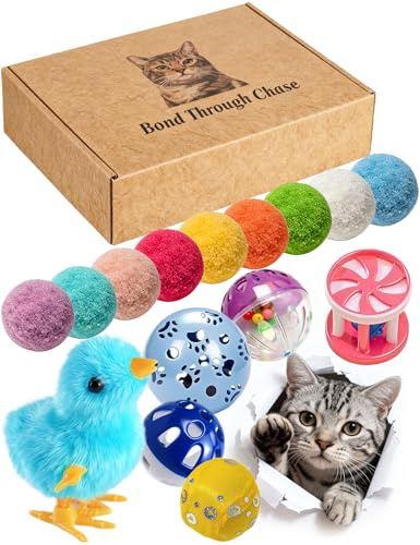 DIYUQISHI 15 Pack Cat Toys Balls Indoor Kitten Play Set with Bell Balls Plush Balls and Wind Up Chicken for Interactive Exercise and Entertainment (1.5'' - 3.7'')