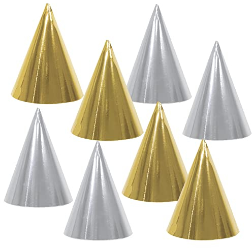 8 Pack Party Hats Rose Gold and Silver, Cone Party Hats Birthday Hats Bulk for Adults and Kids(Gold, Silver)