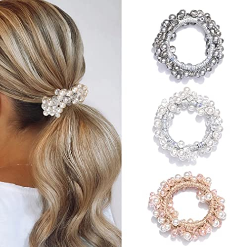 Runmi Haargummis mit Perlen, 3 Stück, Kristall, elastische Haarbänder, Haarschmuck für Damen und Mädchen (B)