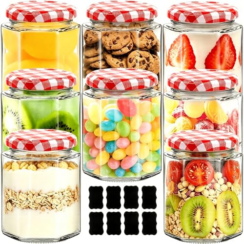 8 Pack 280ml Glass Jam Jars with Red Gingham Lids & Labels, Hexagonal Airtight Preserving Jars, Overnight Oats Jar, Clear Glass Storage Jars for Jam, Pickles, Chutney, Honey, Coffee & Bulk Foods