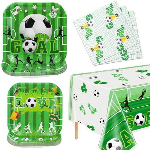 Supporti per feste a tema calcio Servono 20 - 61Pcs Piatti Tovaglioli Set di tovaglie per bambini a tema calcio Decorazioni per feste di compleanno Supplementi