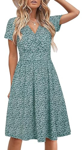 STYLEWORD Women's Summer Dress Short Sleeve V-Neck Sundress Floral Wrap Waist Casual Dress with Pockets(Floral26,Large)