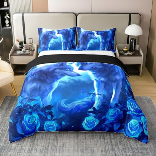 100% Baumwolle Wölfe Familie Tröster Abdeckung 220x240 für Kinder,Romantische Rose Blume Bettwäsche Set,Mondlicht Valentinstag Bettbezug Set,Wildlife Safari Tier Bettwäsche Set