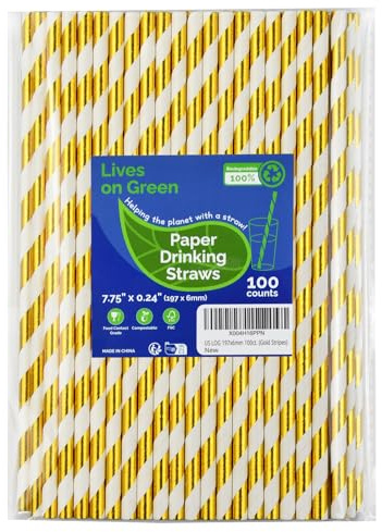 Lives on Green 19,7 cm guld/vita randiga papperssugrör att dricka 100 stycken för bar, restaurang, bröllop, fest – oförpackade