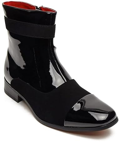Xposed Men’s Patent Black Leather & Suede Zip Boots Retro Ankle [JACKSON-BLACK1-42]