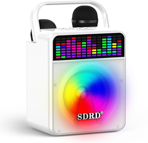 SDRD Karaoke Machine with 2 Wireless Mics, SD-512 60W Powerful Loud Sound, Bluetooth, Rechargeable, Portable with Handle,Support USB/AUX/BT for Adults & Kids, for Party, Events & Gatherings (White)