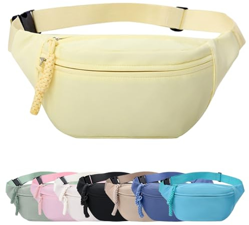 Mayoii Sac banane pour femme et homme avec ceinture réglable, 2 poches zippées, grande capacité, sac banane léger adapté pour un usage quotidien, a-jaune, 40-120 cm, Loisirs