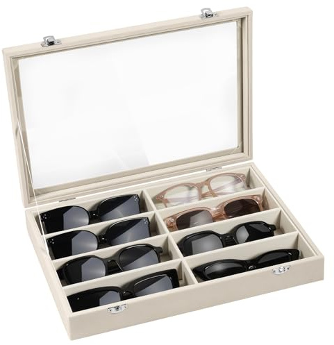 Emibele Boîte de Rangement pour Lunettes, Boite de Stockage à Lunettes avec 8 Grilles et avec Cloison Intérieure Amovible pour Ranger des Lunettes de Soleil, Bijoux, Montres, Colliers, Beige