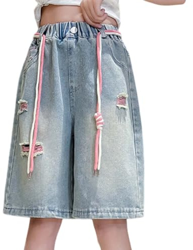 Pantaloncini Jeans Estivi Ragazze,Pantaloncini Corti da Ragazza con Elastico in Vita Tasche Lunghezza al Ginocchio Bambine Denim Shorts Estate Pantaloni Baggy per Bambini e Adolescenti, 3-16 Anni