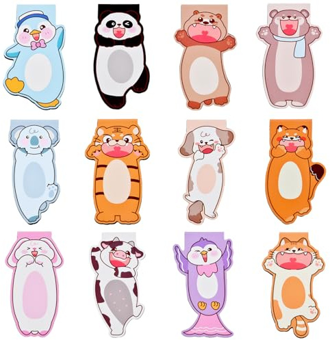 Marque-Page Magnetique et Signets pour Enfants - Lot de 12 Animaux Mignons, Double Face, Magnetique Fort pour Livres et Fridge, Idee Cadeau Ludique