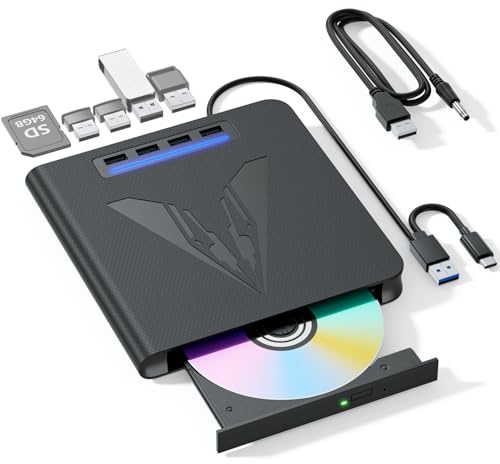 LLMHHKYK Unidad Blu Ray externa 7 en 1 y quemador para PC portátil, grabadora Blu Ray/DVD/CD portátil con soporte de disco de 100 GB, lector de tarjetas SD/TF y hub USB 3.0 para Windows MacOS Linux