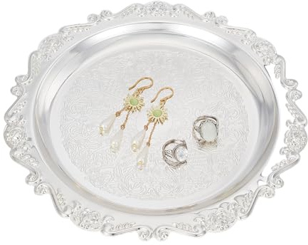 PH PandaHall 25cm Vassoio per Gioielli Argento Vintage Vassoi da Portata Rotondi, Vassoio per Candele Organizzatore per Cosmetici Profumi Anelli Bracciali Orecchini Portaoggetti per Matrimoni Feste
