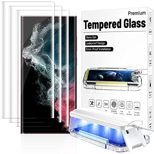 HJCE [3 styck] Genomskinligt 3D-kantat skärmskydd i härdat glas för Galaxy S22 Ultra 9H, fingeravtrycksstöd, smidigt HD-skyddsglas för Samsung S22 Ultra