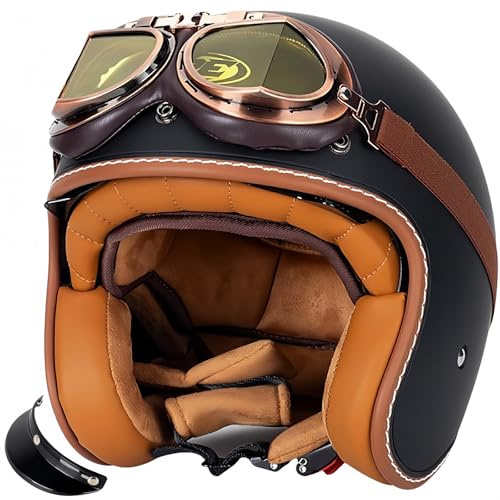 Casque Moto Vintage Casques Jet avec Visière Casques Bols Casque Mobylette pour Adultes Homme Et Femme avec Lunettes Homologué Dot/ECE Rétro Demi Casque Moto Vélo Scooter Chopper H,S55-56CM