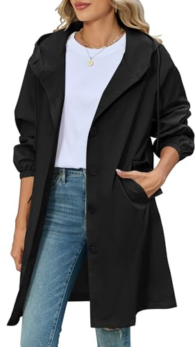 Vancavoo Trench Femme Long à Capuche Léger Veste Long Blouson mi Saison | Manteau mi-saison Boutonné avec Taille Ajustable, Poignets Elastiques et Poches pour Printemps et Automne