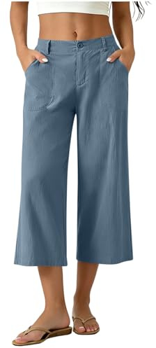 WZMYDBD Pantaloni Donna Estivi Cotone E Lino Larghi Leggeri 3/4 Pinocchietti Elegante Bermuda Casual Pantaloni Lino Donna con Tasca Vita Alta Capri Pants Casual con Bottoni Regolabile Pantalone Capri