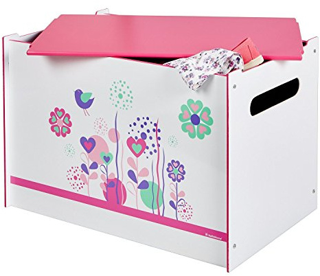 Worlds Apart Flowers and Birds Kids Toy Box - Childrens Bedroom Storage Chest with Bench Lid by HelloHome, White, 39.5x39.5x60.0 cm