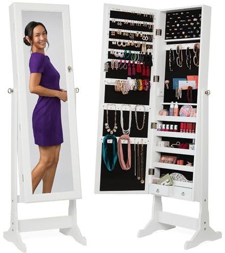 Best Choice Products Freestanding Jewelry Armoire Cabinet, Full Length Standing Mirror, Lockable Makeup Storage Organizer, w/Velvet Lining, 3 Angles, Lock, Accessory Pouch, 5 Shelves - White