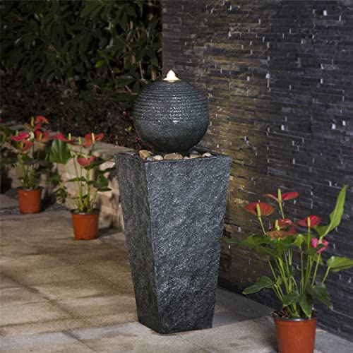 Glitzhome Fontana d'acqua all'aperto con luce LED, fontana esterna decorativa con piedistallo a sfera con pompa sommergibile, fontane a cascata vintage per giardino, patio, portico, 80 cm di altezza