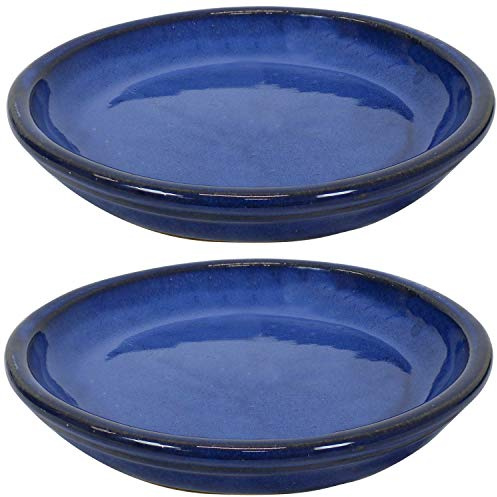 Sunnydaze 7-Inch Ceramic Plant Saucers - Plant Drip Trays for Outdoor Planter Flower Pot Drainage - Set of 2 - Imperial Blue