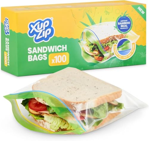 XupZip Reusable Sandwich Bags – 19cm x 17cm Small Zip Lock Bag With Airtight Bamboo Seals – Easy To Open Food Freezer Bags – Heavy Duty Food Bag for Sandwiches & Snacks – 100 Pcs