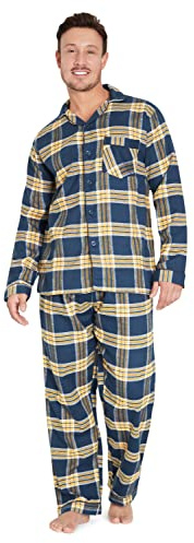 CityComfort Mens Pyjamas Set, Cotton Men's Nightwear, Check Plaid Loungewear, Traditional Flannel PJs Set, Gifts for Men (L, Navy/Mustard)