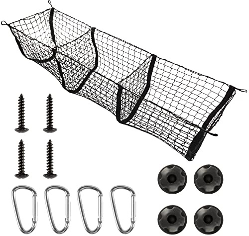 Amiss Heavy Duty Mesh Cargo Net, 3 Pocket Trunk Bed Storage Organizer Compatible for SUV, Car, Pickup Truck Bed, Etc.with 4 Metal Hooks (11.8×11.8×47.3 Inch), Black