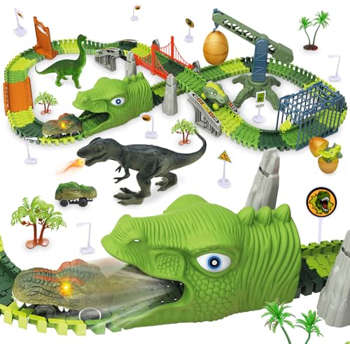 Ulikey Autorennbahn Dinosaurier Spielzeug Schienen, 194 Stück Dino Rennbahn Autobahn Kinder Mit 2 Rennwagen und 6 Dinosaurier Figuren, Dinosaurier Spiele Rennbahn Kinder Geschenk für 3 4 5 Jahre