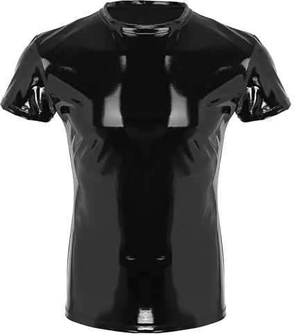 AIEOE Herr lackläder T-shirt wetlook kortärmad skjorta sexig muskelskjorta glänsande festoutfit