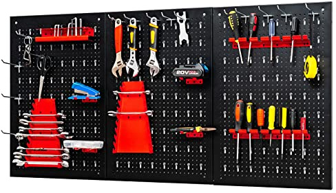 GOPLUS Organizador de Herramientas 120 x 60 cm, con 28 Accesorios con Ganchos y Soportes, Tablero Perforado de Metal para Llaves Inglesas y Taladros, Estante de Pared para Garaje, Taller