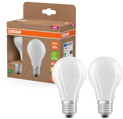 Osram LED Superstar Classic LED-Lampe A 60 in klassischer Kolbenform aus gefrostetem Glas, 3.8 W, 806 lm, E27 Fassung, warmweißes Licht mit 2700 K, EEK A, 60 mm Durchmesser. 2er-Pack