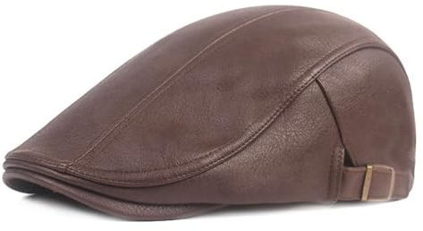 GIBZ Gorra de Cuero para Hombre para Invierno, Sombrero Plano Vintage con ala, Boina Ajustable, Café