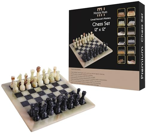 Handgefertigtes Marmor-Schachset - Schwarz & Angori (30,5 x 30,5 cm) - Schachsets für Erwachsene - Schachbretter in Premium-Qualität - Fancy Chess Boards (Angori & Black)