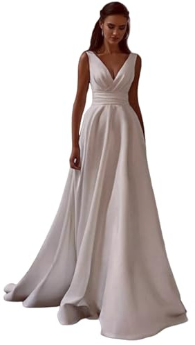 TSxuelian Robe de mariée simple en satin pour femmes avec col en V et plissé en A ligne, blanc, 44