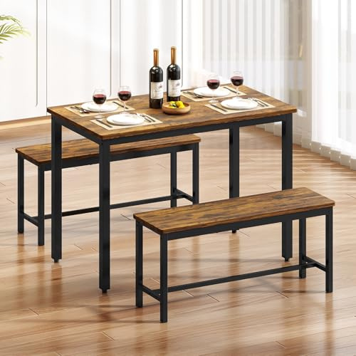 Rovibek 43 Dining Table Set for 4, Modern Space Saving Kitchen Breakfast Table with Benches & Adjustable Feet, Wooden Industrial Style Farmhouse, Wood Tone