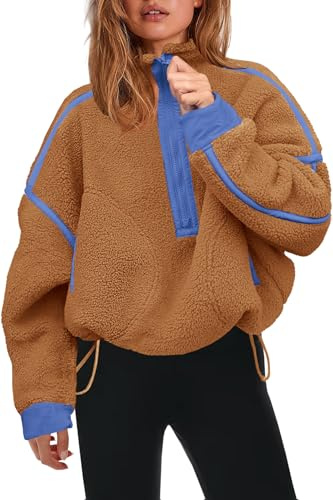 Panadila Womens Half Zip Fleece Pullover Sherpa Jacket Fuzzy Sweater Cozy Sweatshirt with Pockets Winter (Clay Brown Combo,S)