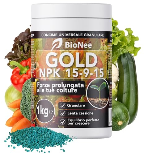 BIONEE NPK GOLD 15-9-15 – Concime Universale a Lenta Cessione per Orto, Frutteto, Prato e Piante Ornamentali – Con Magnesio, Zolfo e Ferro – 1 kg