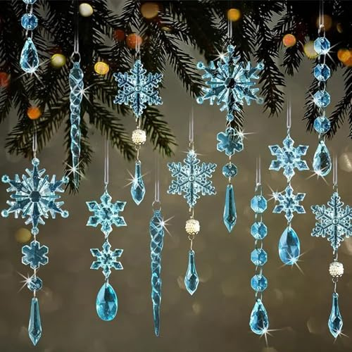 Christmas Ornaments for Tree Decorations Acrylic Snowflake Icicle Crystal Hanging Accessories Drop Pendants for Winter Holiday Party Art Decor Supplies 18 PCS Blue Ornaments