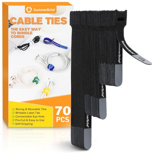 Summerbrite 70 Pièces Attaches de Câbles, 10/15/20 cm, Étiquette Cable et Attache 2 en 1, Réutilisables, Serre Cable Auto-agrippant, pour Gestion et Rangement des Câbles (noir)