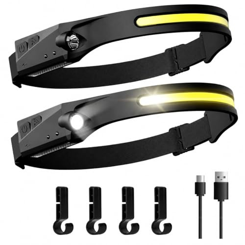 Lux Light, torcia frontale a LED, ricaricabile, super luminosa, fascio largo 230°, con sensore di movimento, per corsa, campeggio, caccia (2 pezzi)