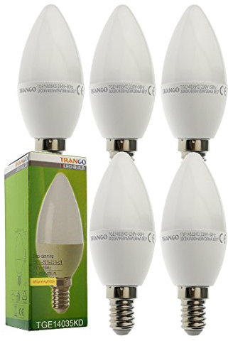 Trango 5er Pack E14035KD*5 LED Birne 3-Stufen dimmbar - 5 Watt - 400 Lumen 3000K Warmweiß - Ersatz für 40W Glühbirne - Kerzen LED Lampe Leuchtmittel mit E14 Fassung Abstrahlwinkel 170°