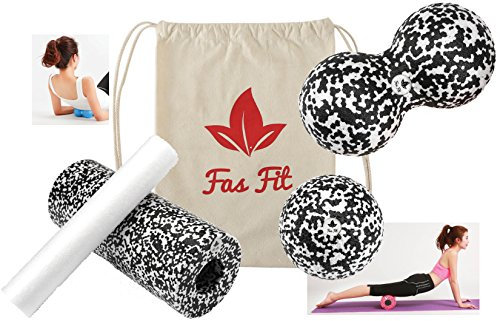 Fas Fit Faszienrolle - Foam Roller Set 4teilig - Massagerollen & Faszienbälle - Faszien Rolle für EIN effektives Faszientraining – inkl. Poster, Übungsheft, E-Book und Turnbeutel - Rückenrolle
