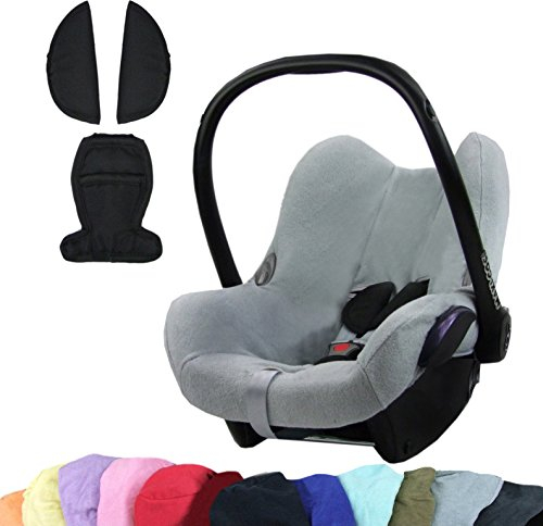 BAMBINIWELT KOMBI-ANGEBOT Sommerbezug, Schonbezug, Bezug aus Frottee + Gurtpolster für Maxi Cosi CabrioFix (hellgrau +schwarz)