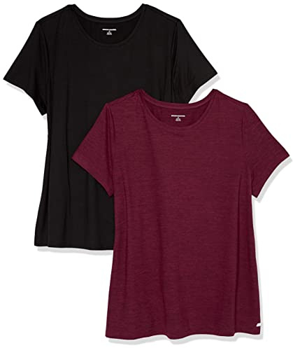 Amazon Essentials Haut de Gymnastique Extensible en Tissu Technique à Séchage Rapide, Col Rond et Manches Courtes (Disponible en Grande Taille) Femme, Lot de 2, Bordeaux Teinture Spatiale/Noir, L