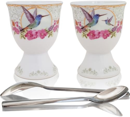 NobleEgg Egg Cups for Soft Boiled Eggs - Vintage Style Porcelain Egg Cups Holders, Authentic Egg Spoons, Stainless Steel