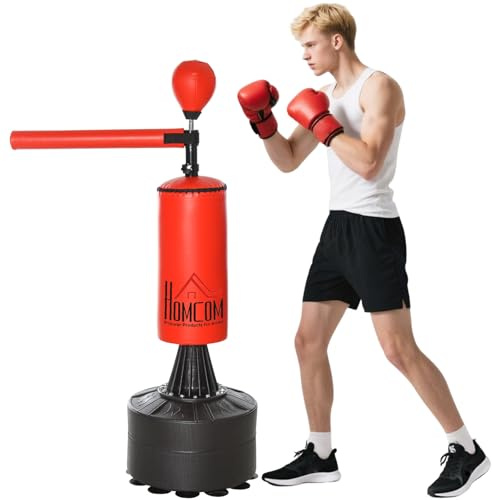 HOMCOM Sacco da Boxe ad Altezza Regolabile con Punching Ball, Base Riempibile e Asta Rotante, Sacco da Terra in PU, EPE e HDPE, 88x48x155-205 cm, Rosso e Nero