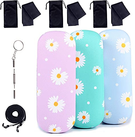 ADBGV 3pcs Unisex Hard Shell Glasses Case, Glasses Protector Case, Sunglasses Cases with Cleaning Cloth, Fixed Non-Slip Cord